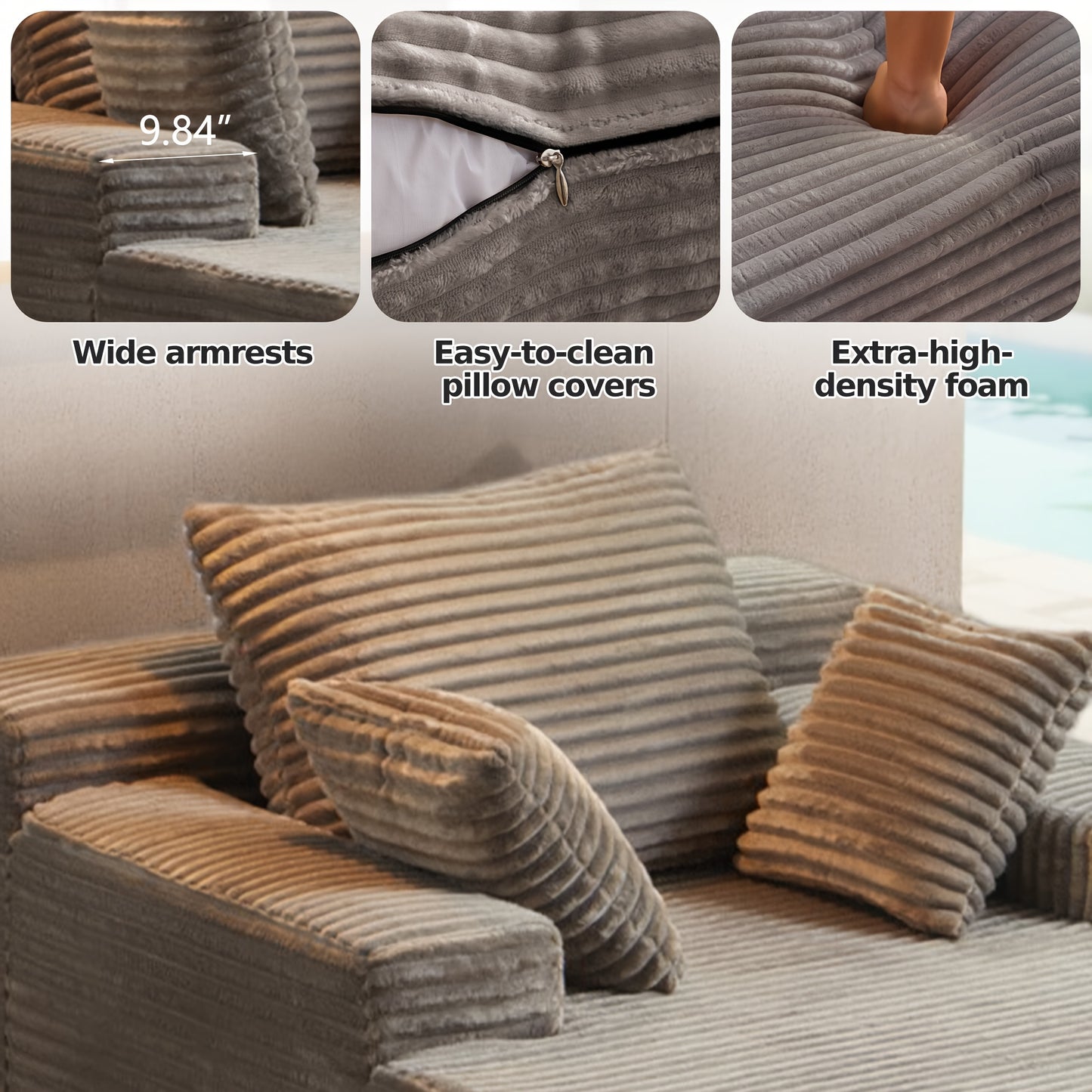 Gray Corduroy Chaise Lounge Chair
