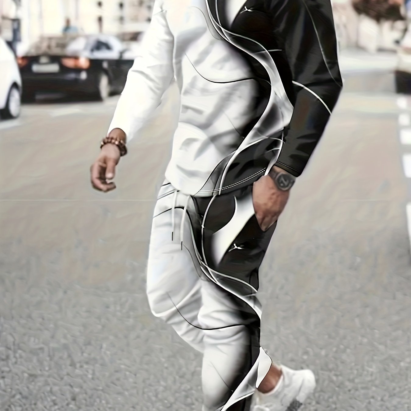 Black And White Men's Casual Crew Neck Long Sleeve T-Shirt And Drawstring Sweatpants