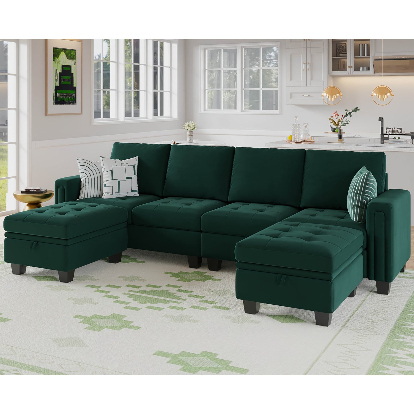 Velvet U-Shaped Convertible Sectional Sofa w/ Storage Ottomans