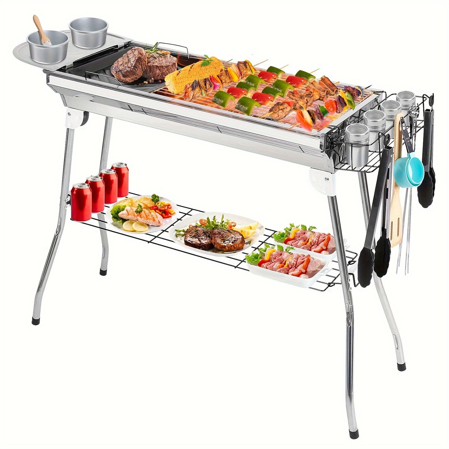 Portable Stainless Steel Charcoal Grill Set with Spice Tray & Storage