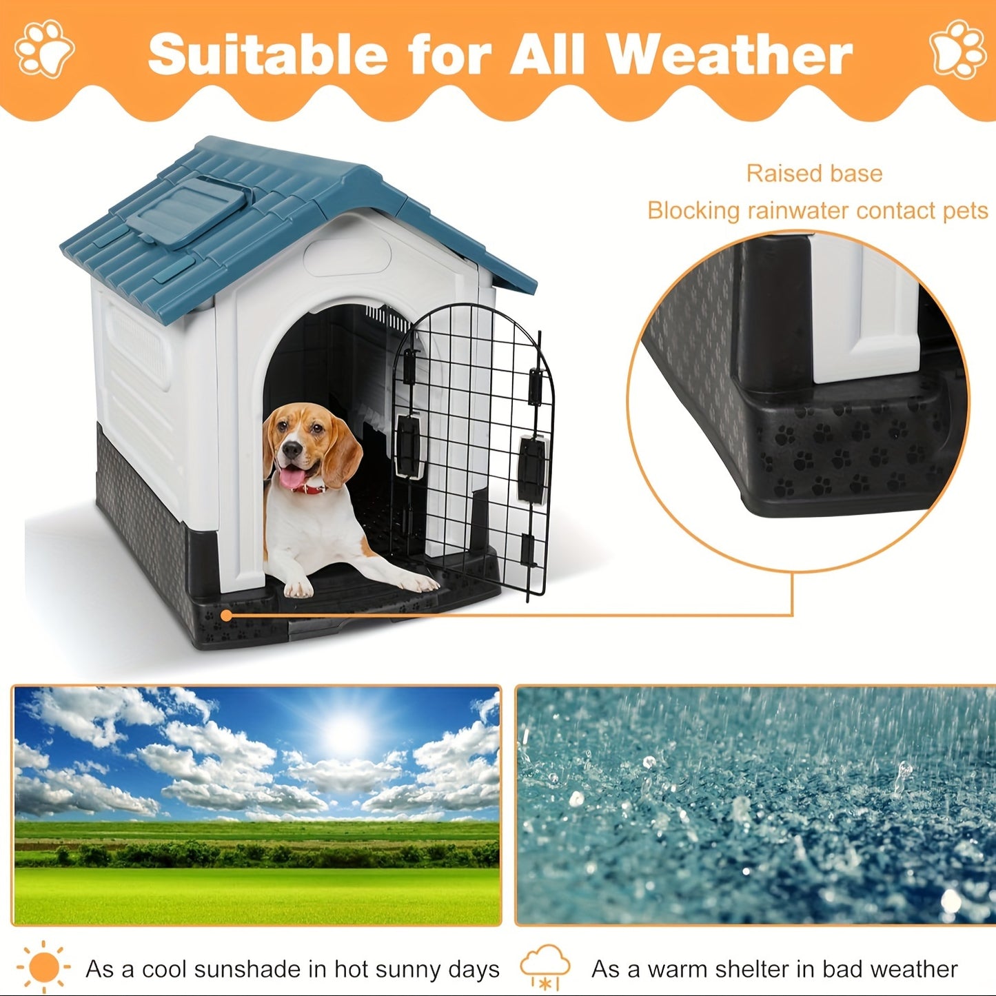 Blue Sloped Roof Dog House For Small, Medium Dogs Outside,