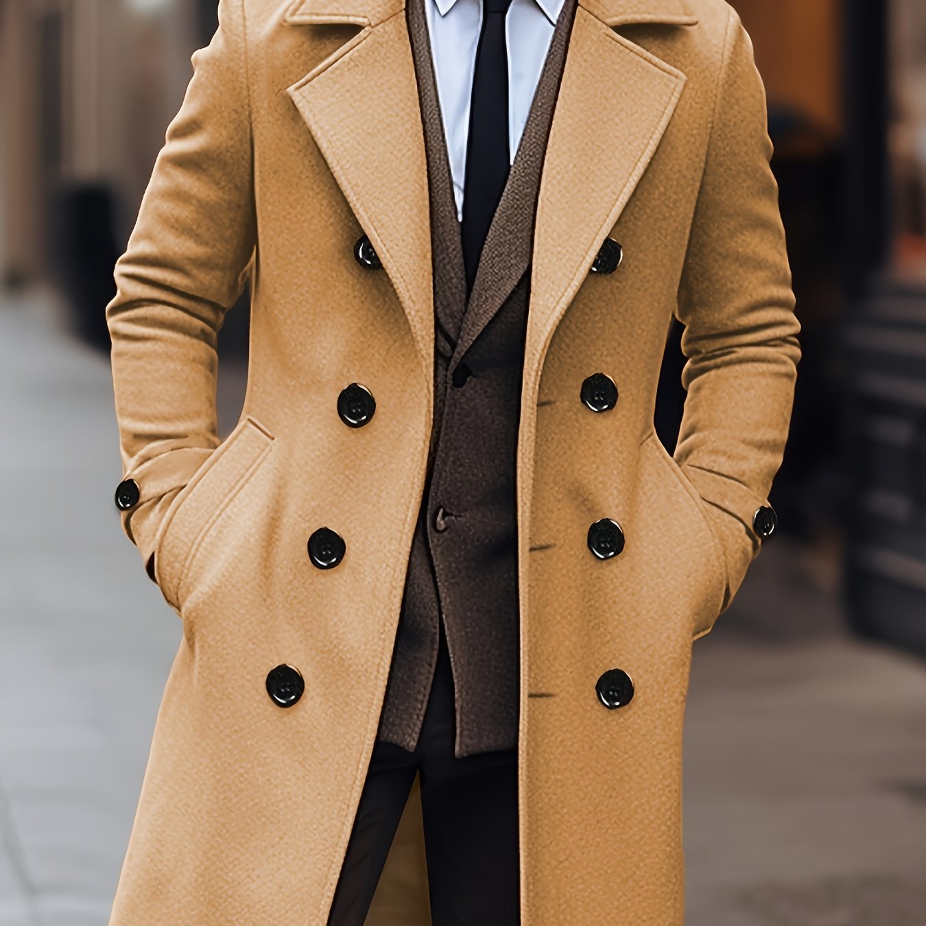 Men's Double Breasted Lapel Black & Earth Yellow Coat,