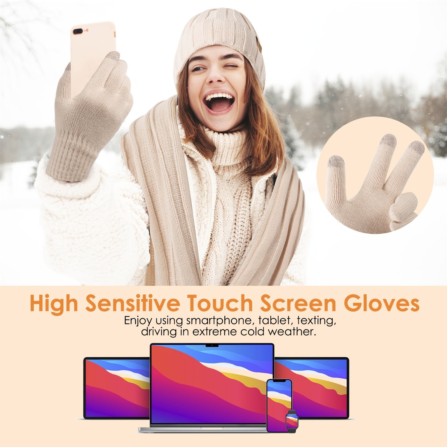 3pcs Winter Knit Beanie, Scarf, and Touchscreen- Gloves