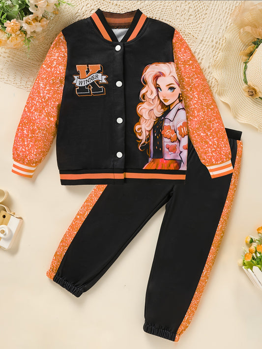 2-Piece Girl's Long Sleeve Baseball Jacket Pants Set.