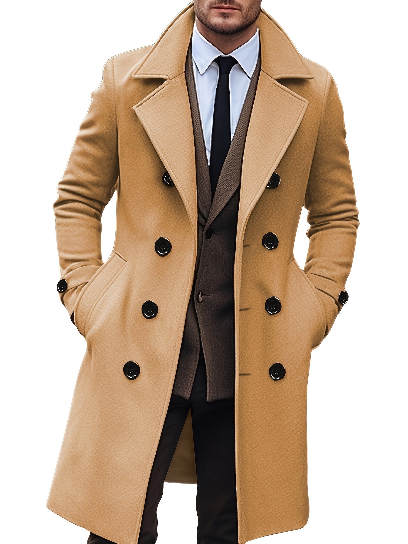 Men's Double Breasted Lapel Black & Earth Yellow Coat,