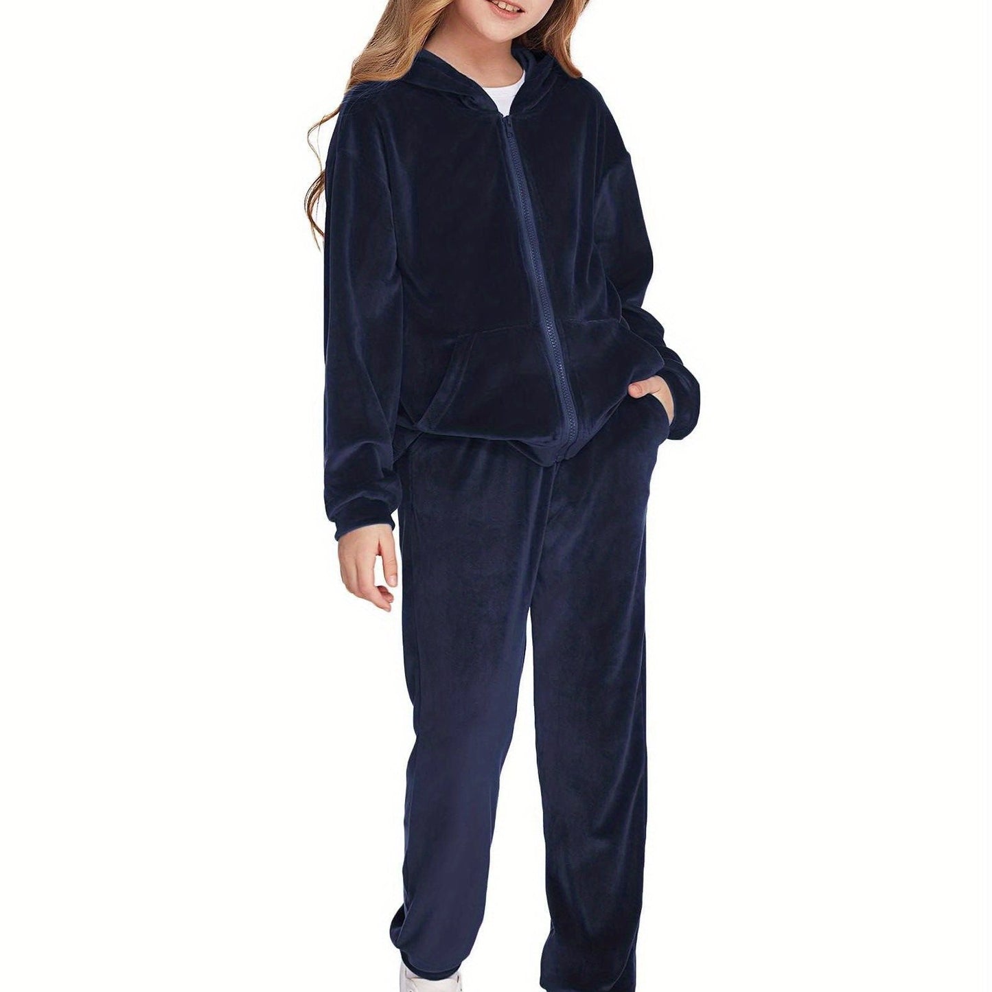 2pcs Adorable Girls' Autumn/Winter Solid Color Hoodie and Pants.