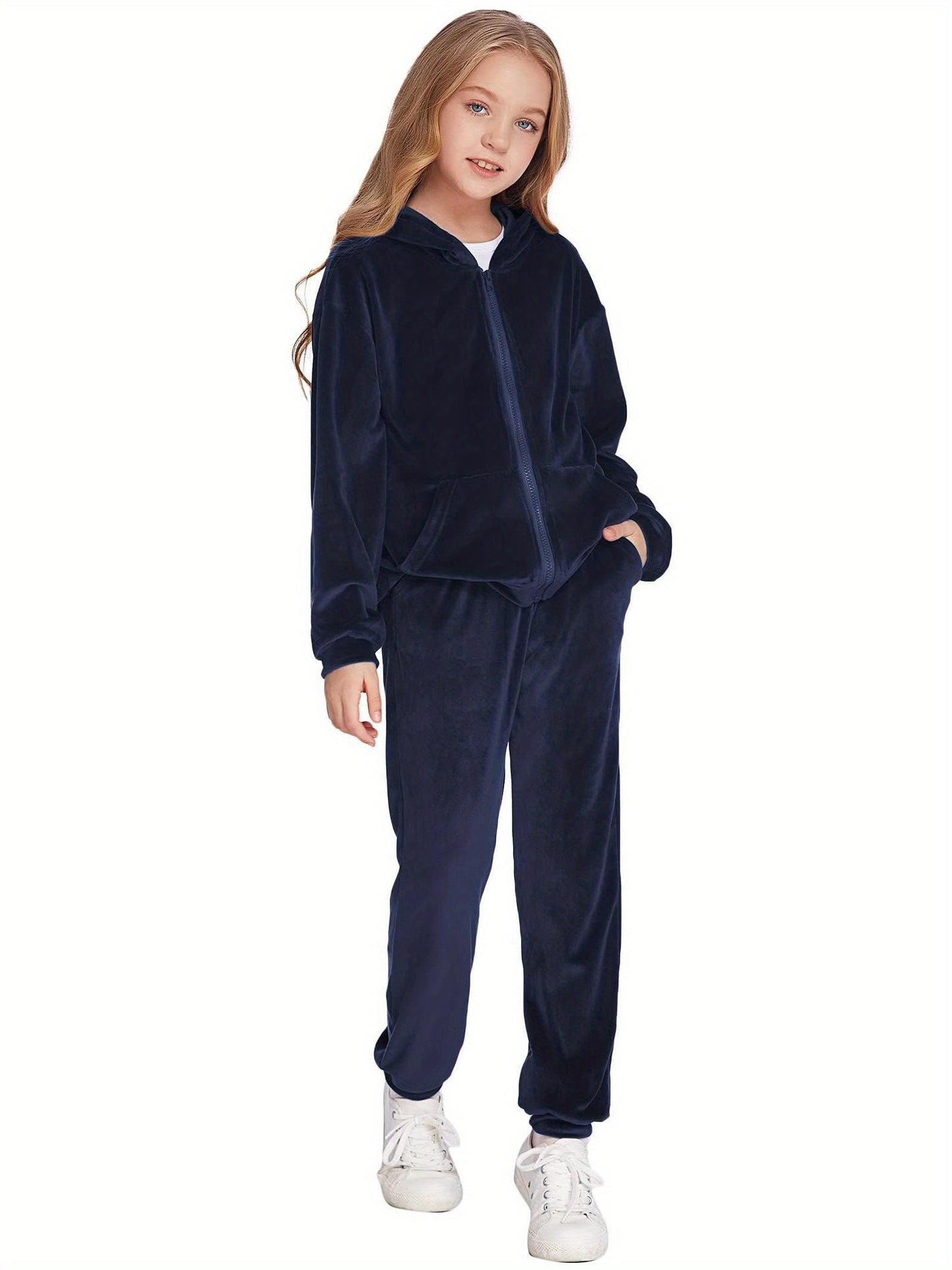 2pcs Adorable Girls' Autumn/Winter Solid Color Hoodie and Pants.