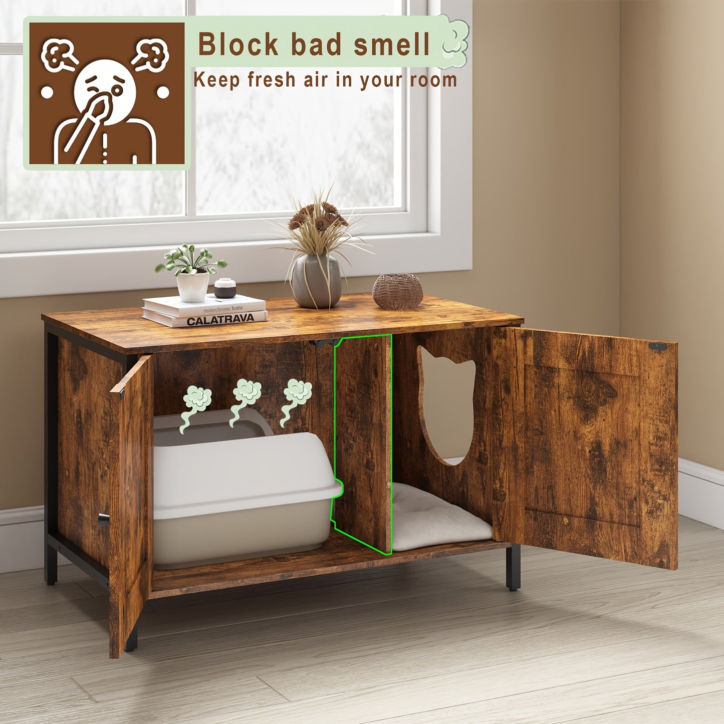 Hidden Cat Litter Box Enclosure with Removable Divider.