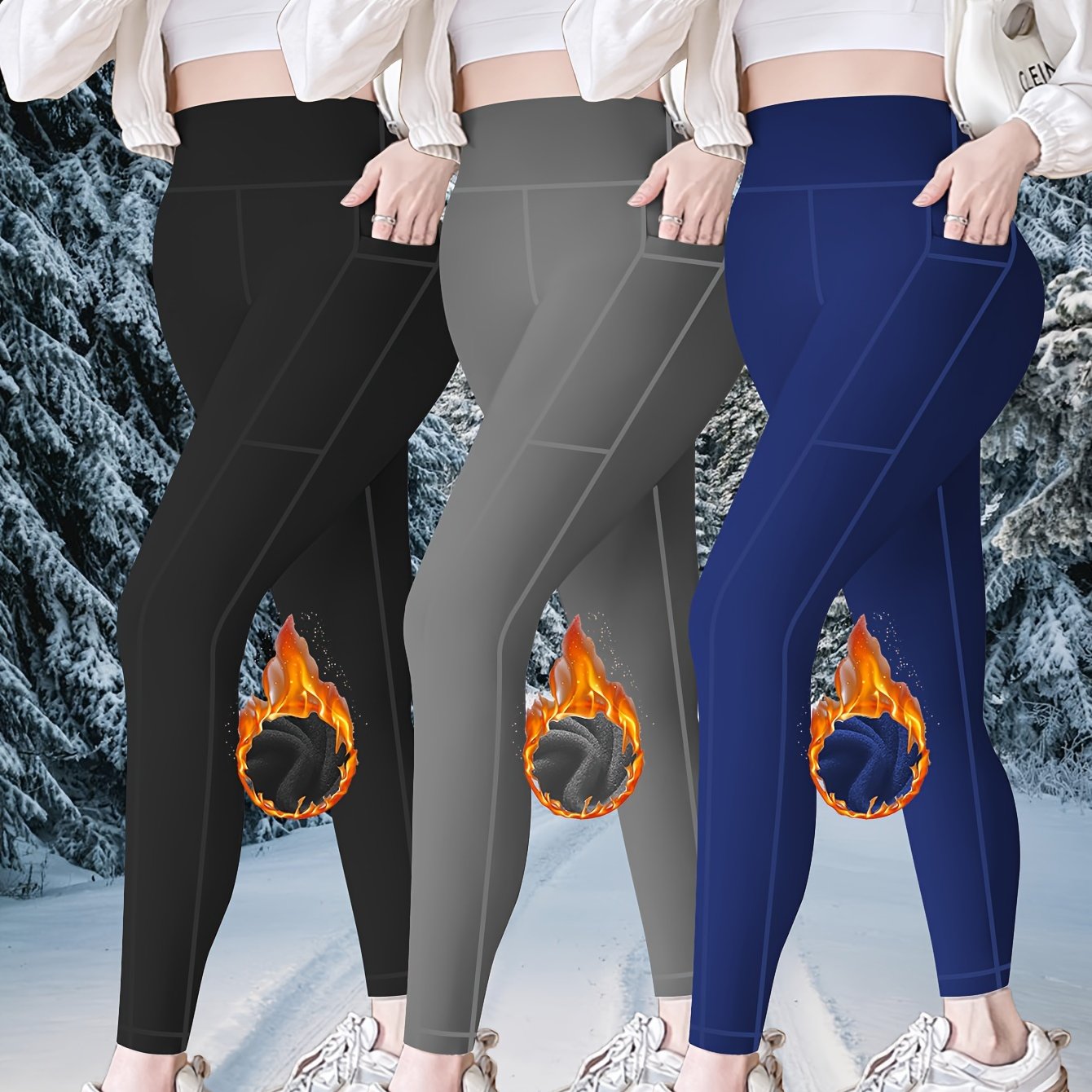 Ladies High Waist Plus Fleece Casual Leggings, 3-piece Set Leggings.