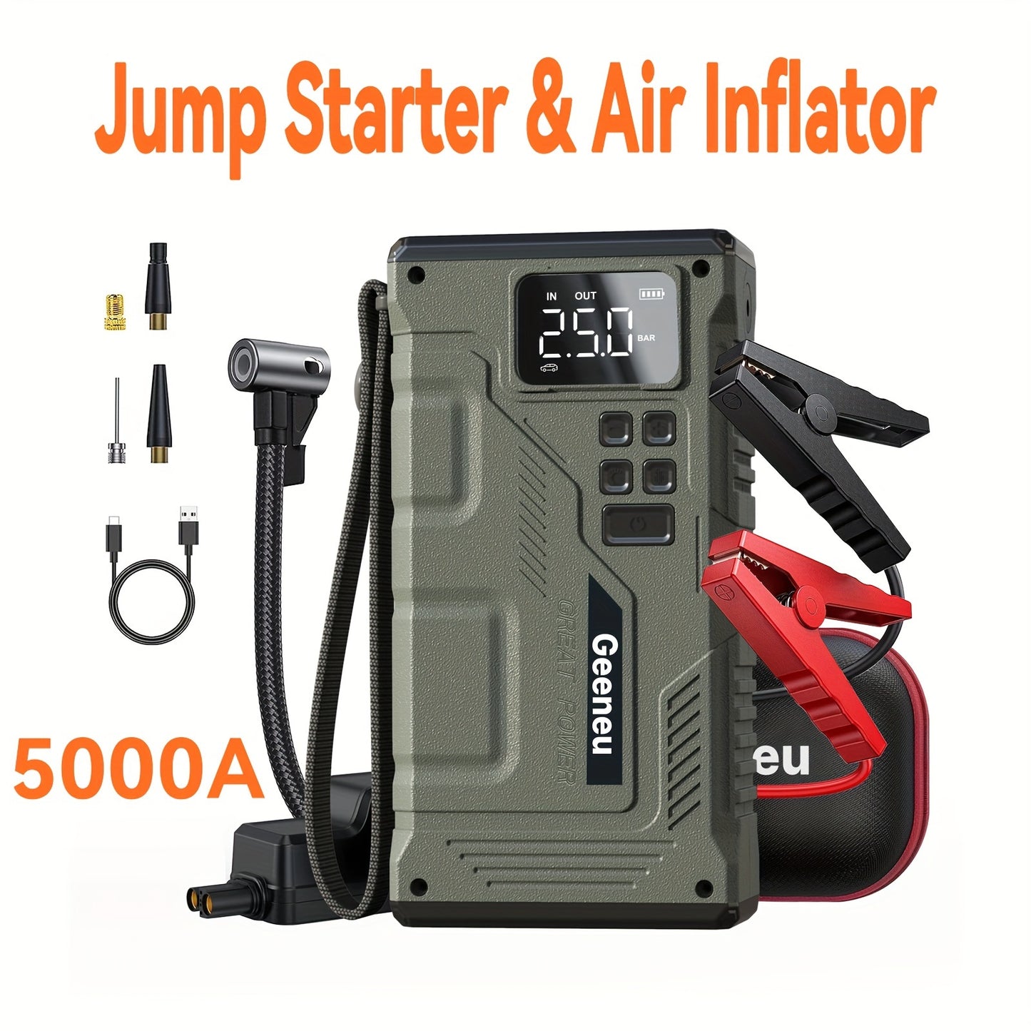 5000A Peak 150PSI Jump Starter With Air Compressor, Car Emergency.