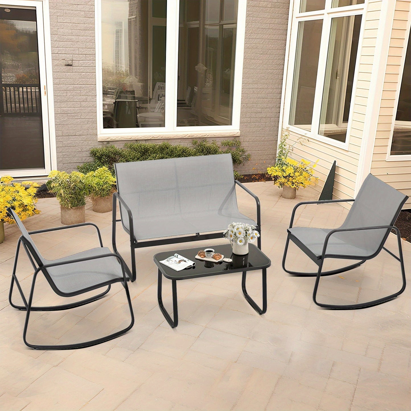 Patio Bistro Set: 4pcs Rocking Chairs, Glass Table.