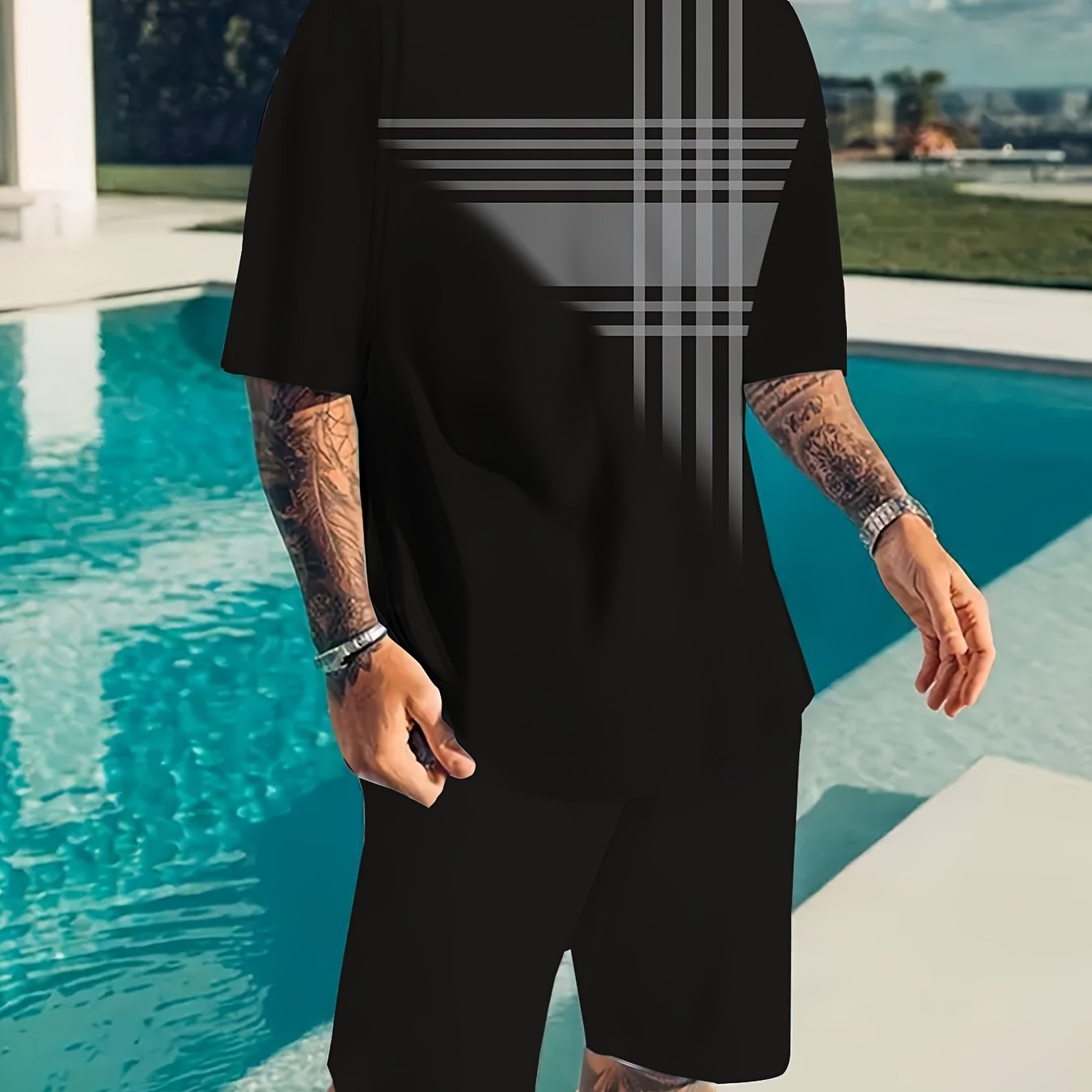 Men's casual striped T-shirt and shorts set, comfortable for summer home and outdoor leisure