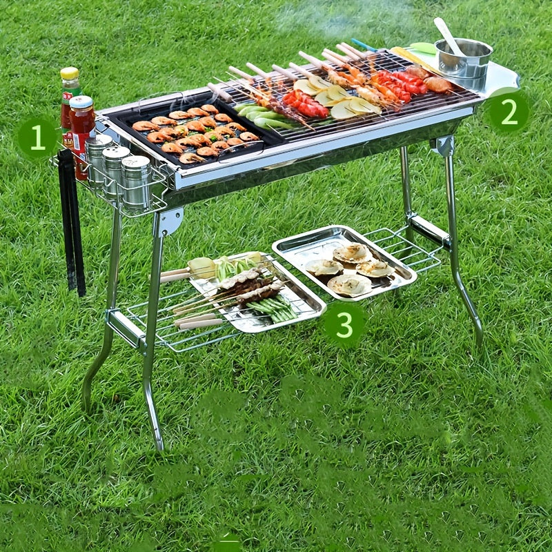 Portable Stainless Steel Charcoal Grill Set with Spice Tray & Storage