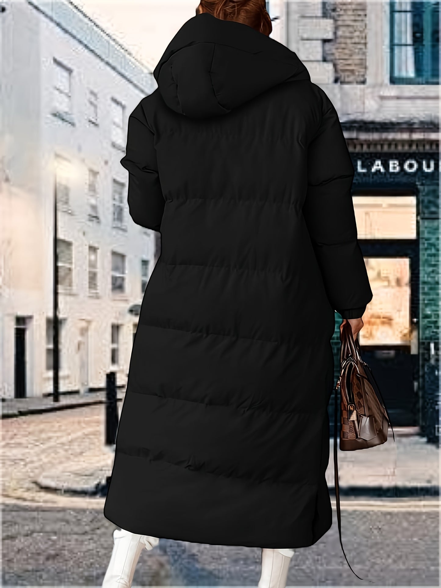 Women's Winter Long Coat Hooded. Long Sleeve Button Jacket.