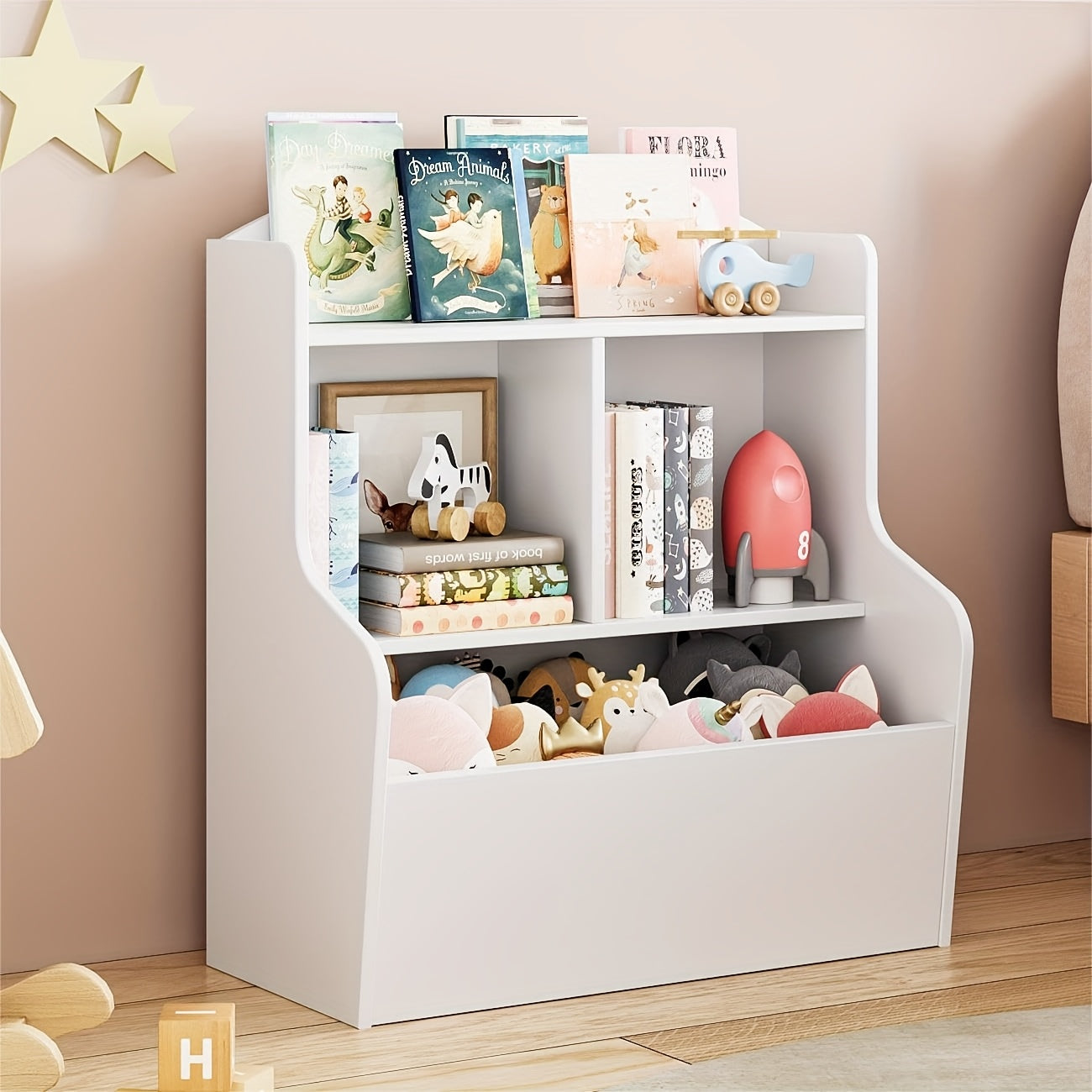 Bookcase And Toy Storage Cabinet, 3-Tier Shelf With Organizer.