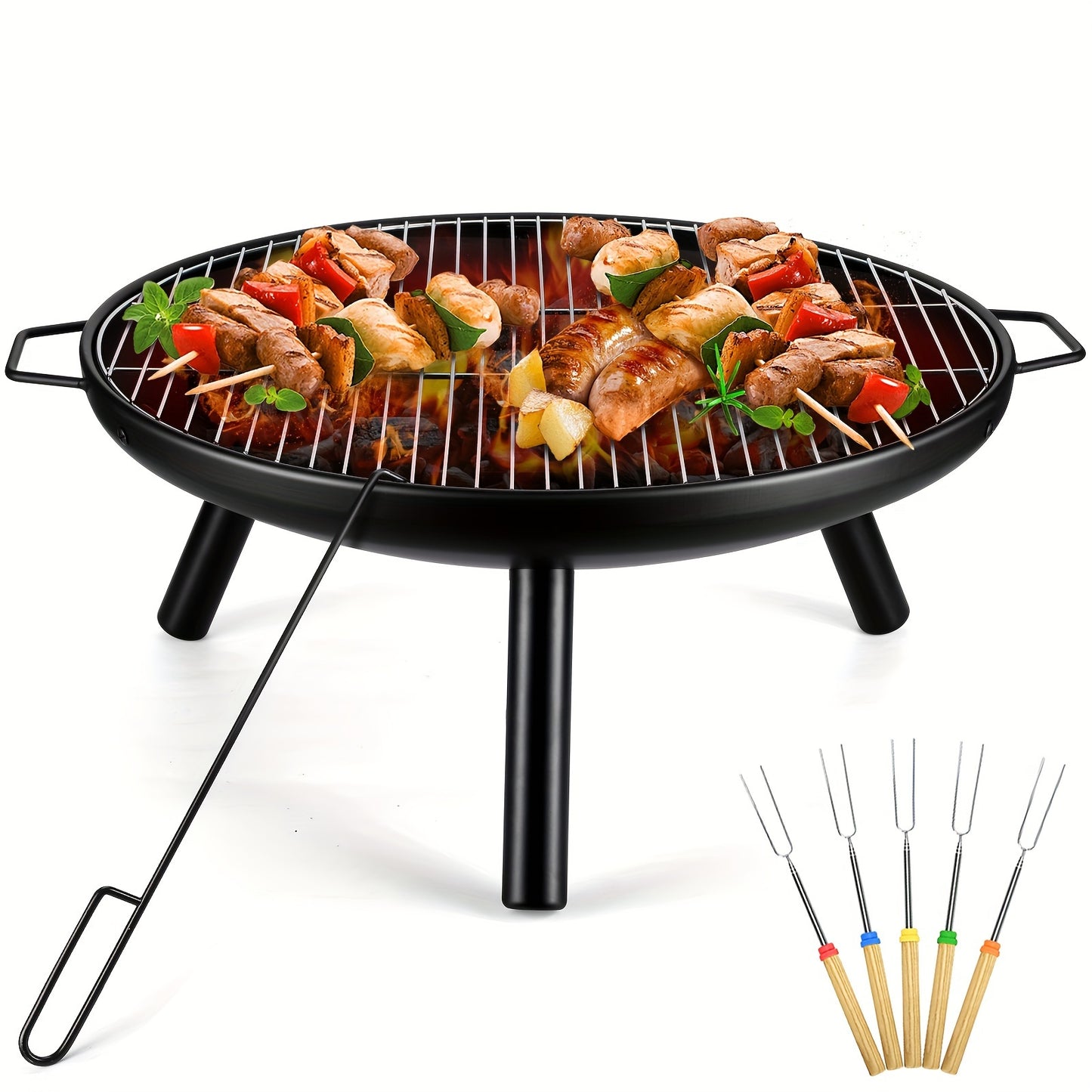 Steel Fire Bowl with Grill and 5 BBQ Skewers.