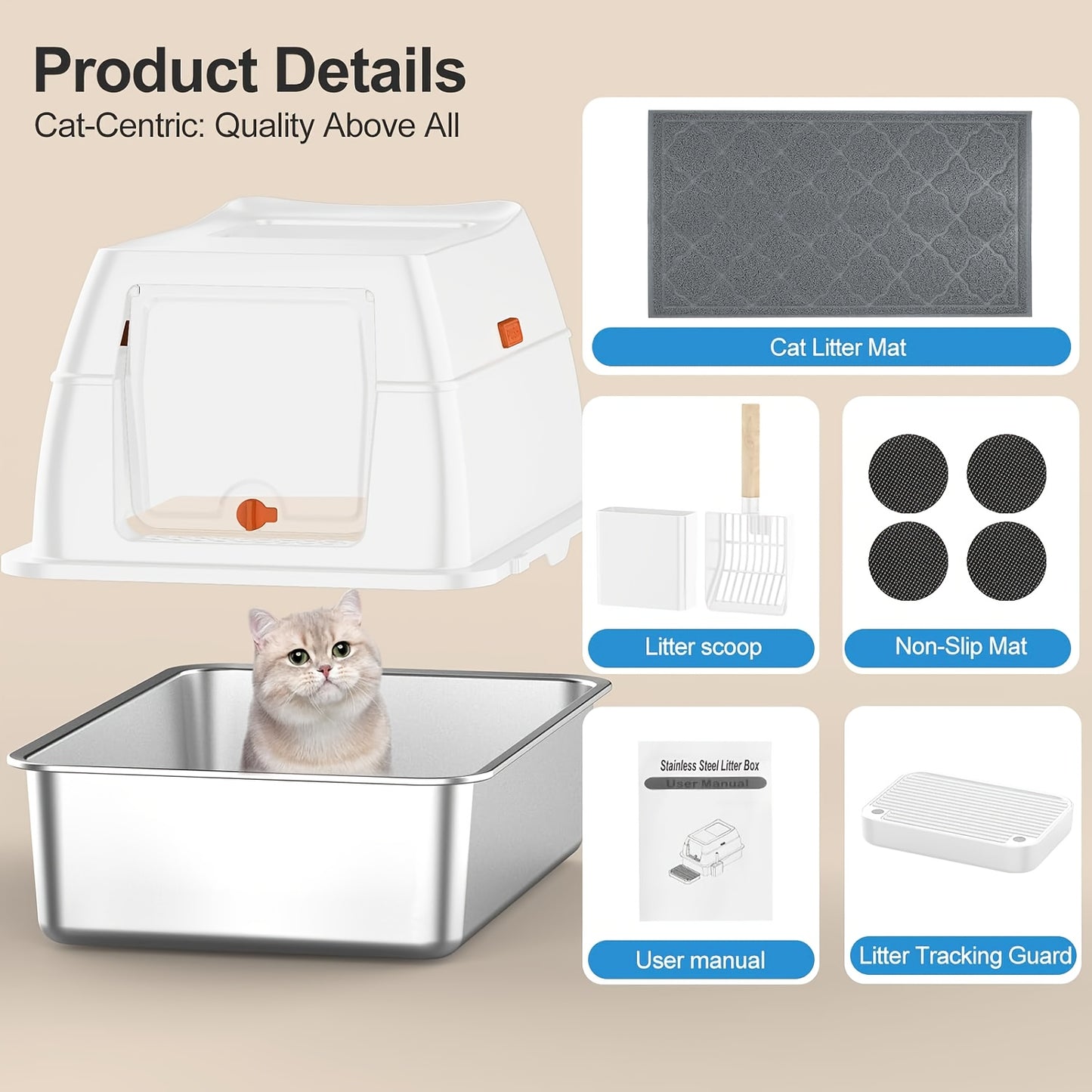 Extra-Large Stainless Steel Cat Litter Box with Lid - Dual Entry,