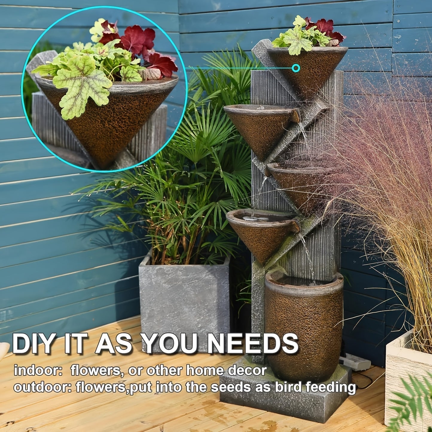 49.6-Inch Tiered Bowl Outdoor Water Fountain with Lights