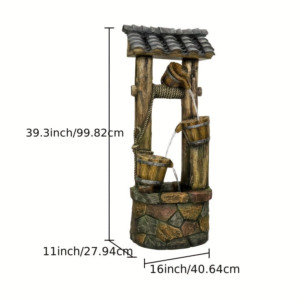 Rustic Wishing Well Water Fountain With Buckets, Pump & Lights.