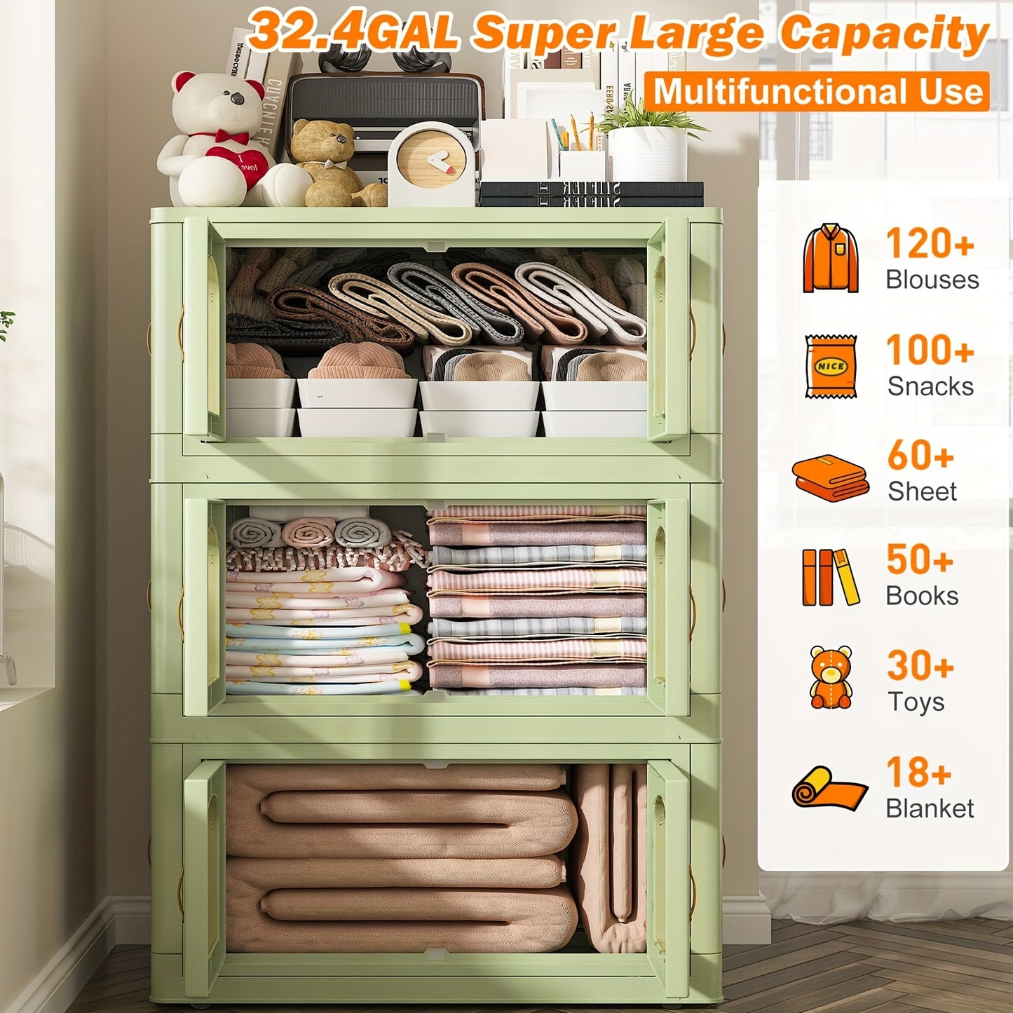 Light Green 3-Tier Stackable Storage Bins with Lids.