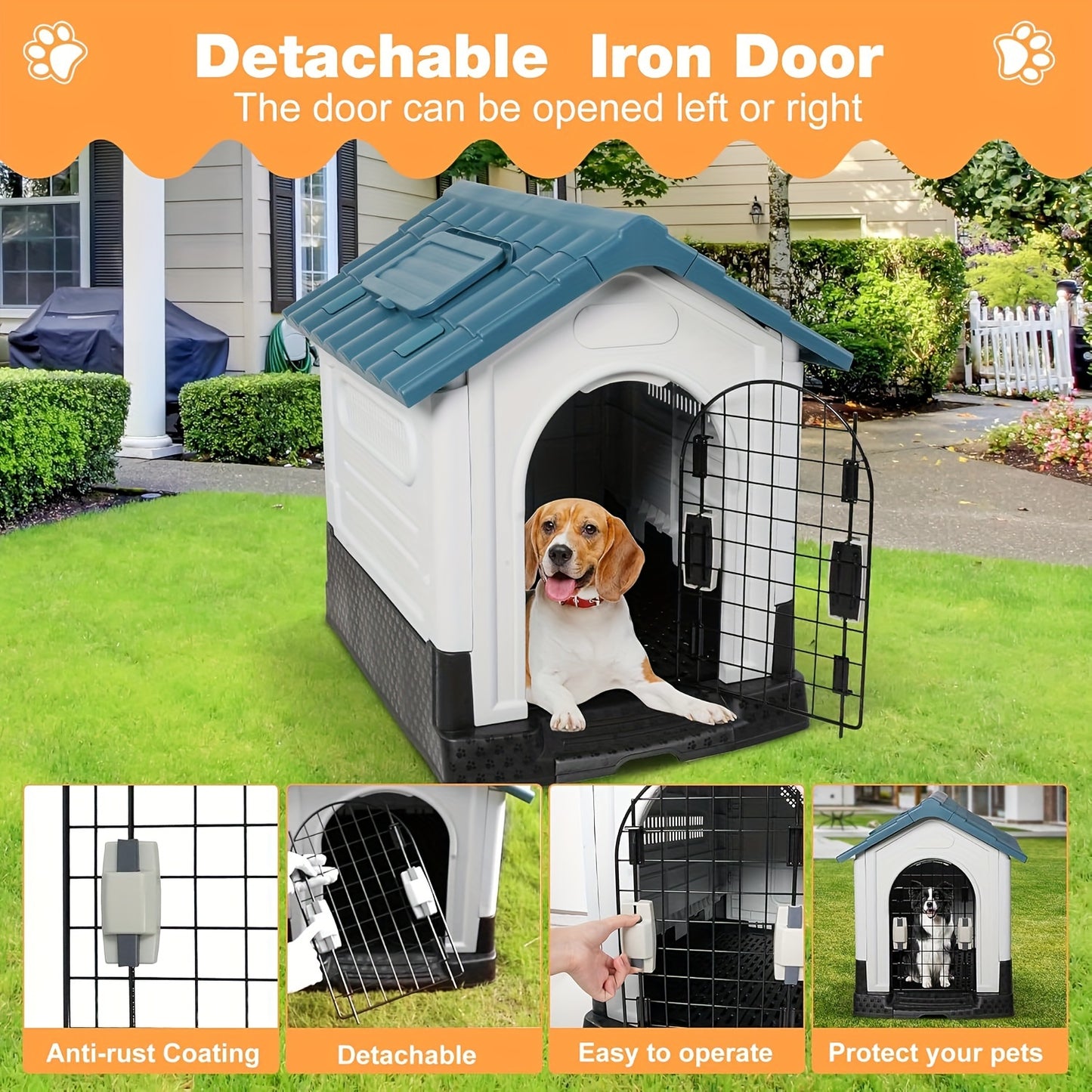 Blue Sloped Roof Dog House For Small, Medium Dogs Outside,