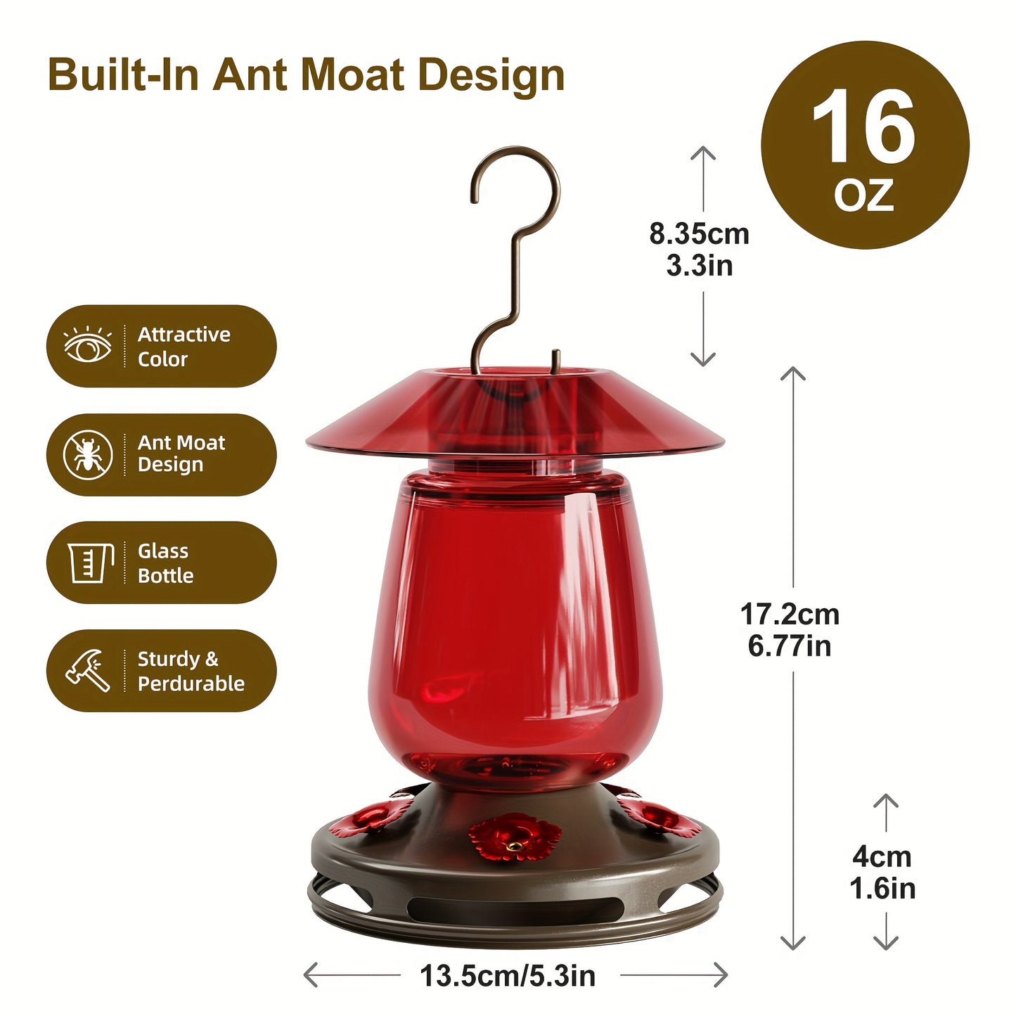 16 Ounces Glass Hummingbird Feeder For Outdoors.