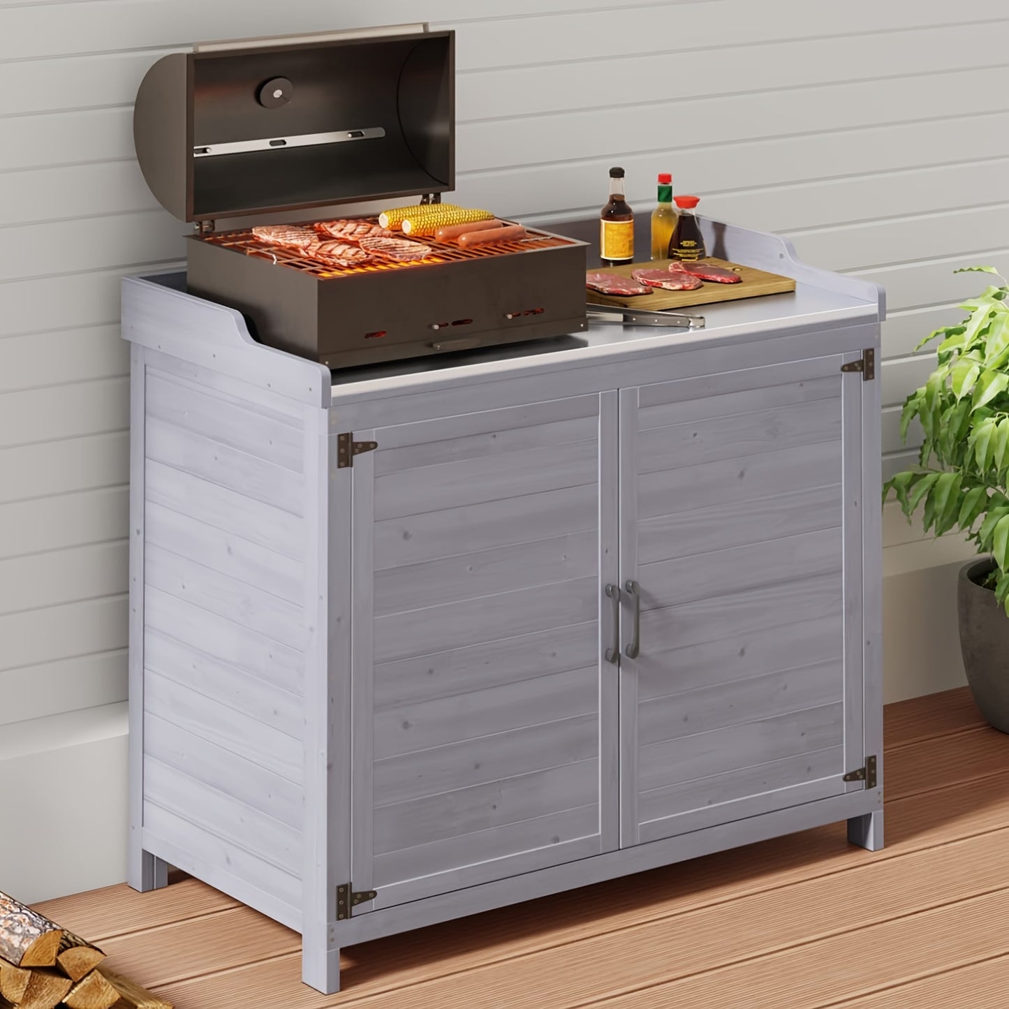 Outdoor Potting Bench Metal Tabletop, Adjustable Shelf, Work Station.