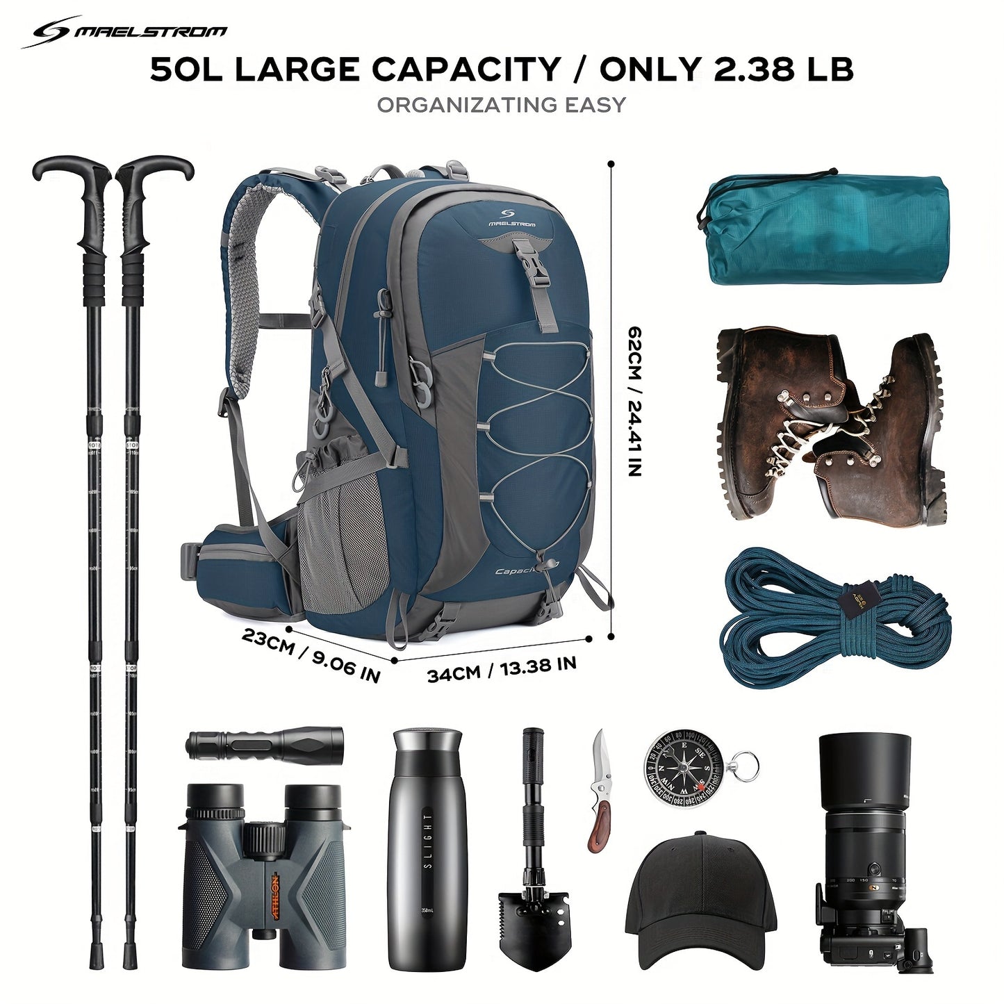 Hiking, Camping Backpack, 50L With Rain Cover Lightweight.