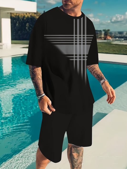 Men's casual striped T-shirt and shorts set, comfortable for summer