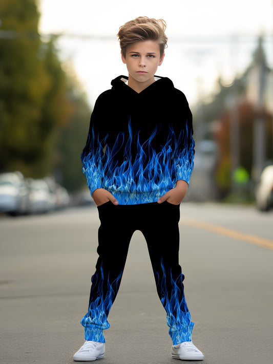 Boys' Blue Flame Print Hoodie Set