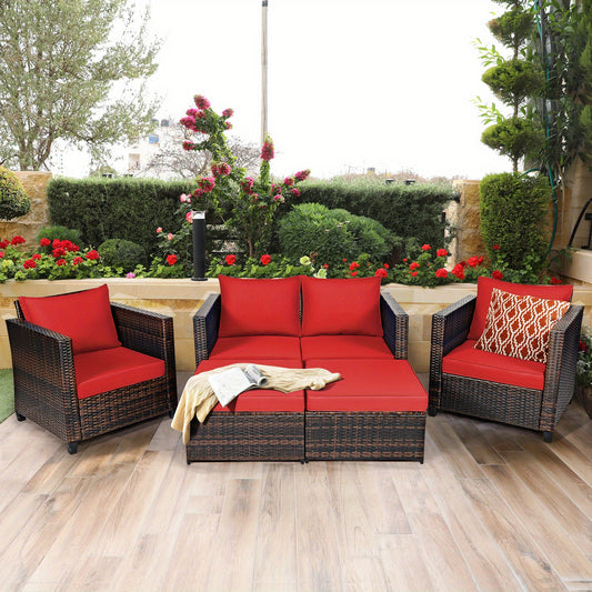 5PCS Patio Furniture Set W/ Loveseat Sofa Ottoman.