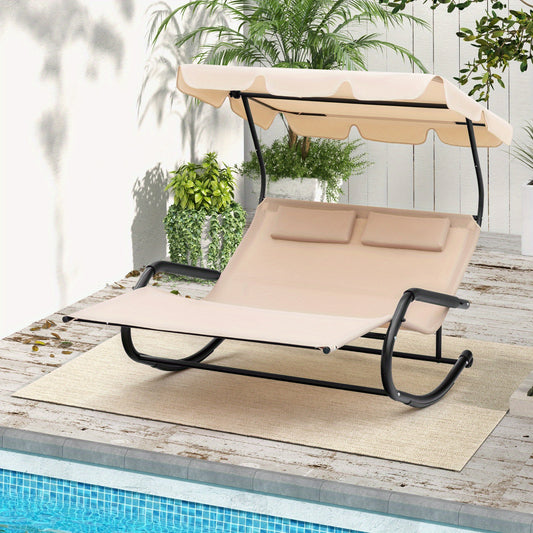 2-Person Double Rocking Chaise Lounge with Canopy and Wheels,