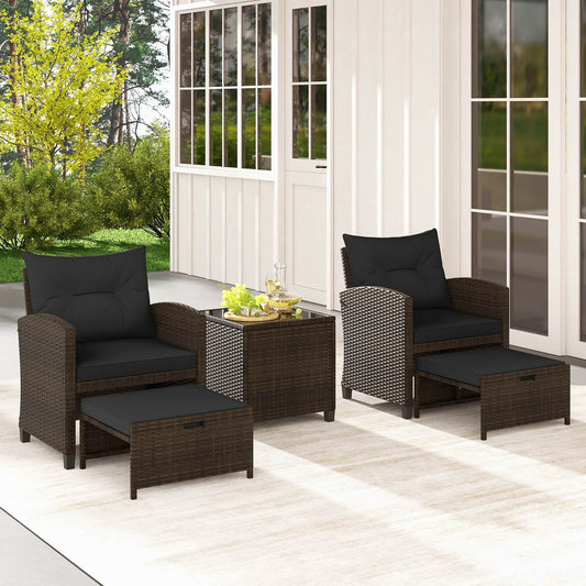 5 Piece Patio Furniture 2 Ottomans & Tempered Glass Table