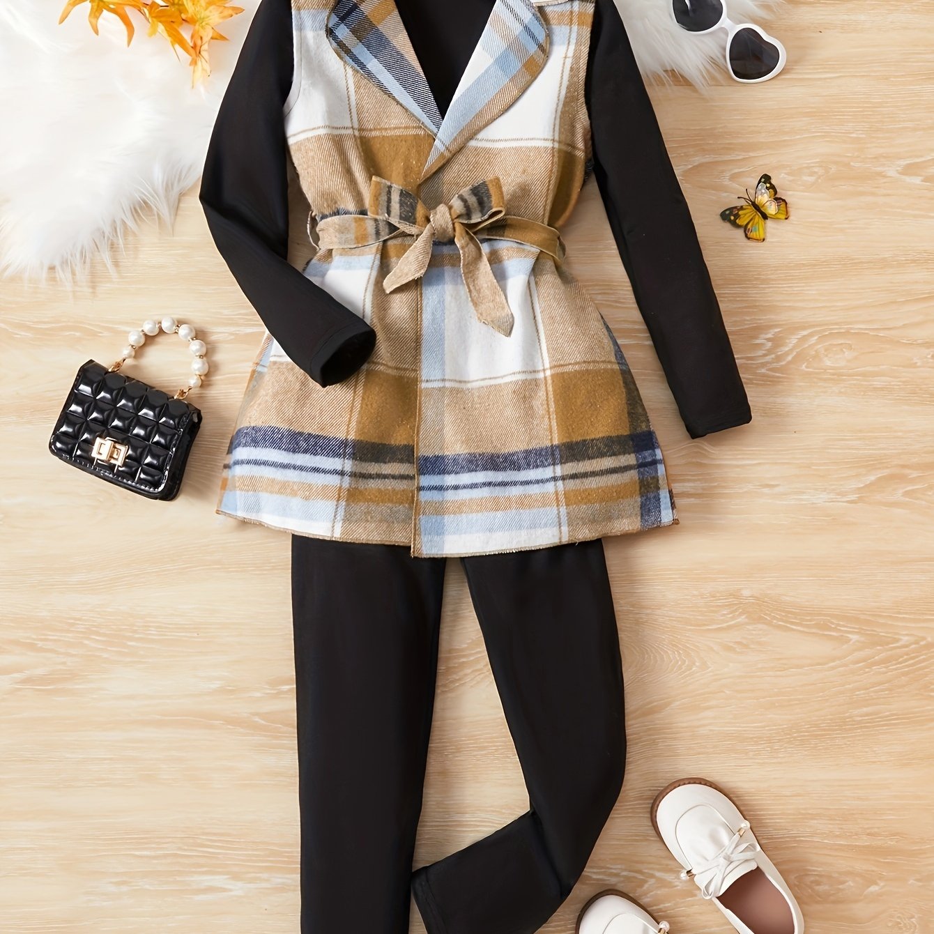 Girls spring and autumn plaid vest, three-piece suit