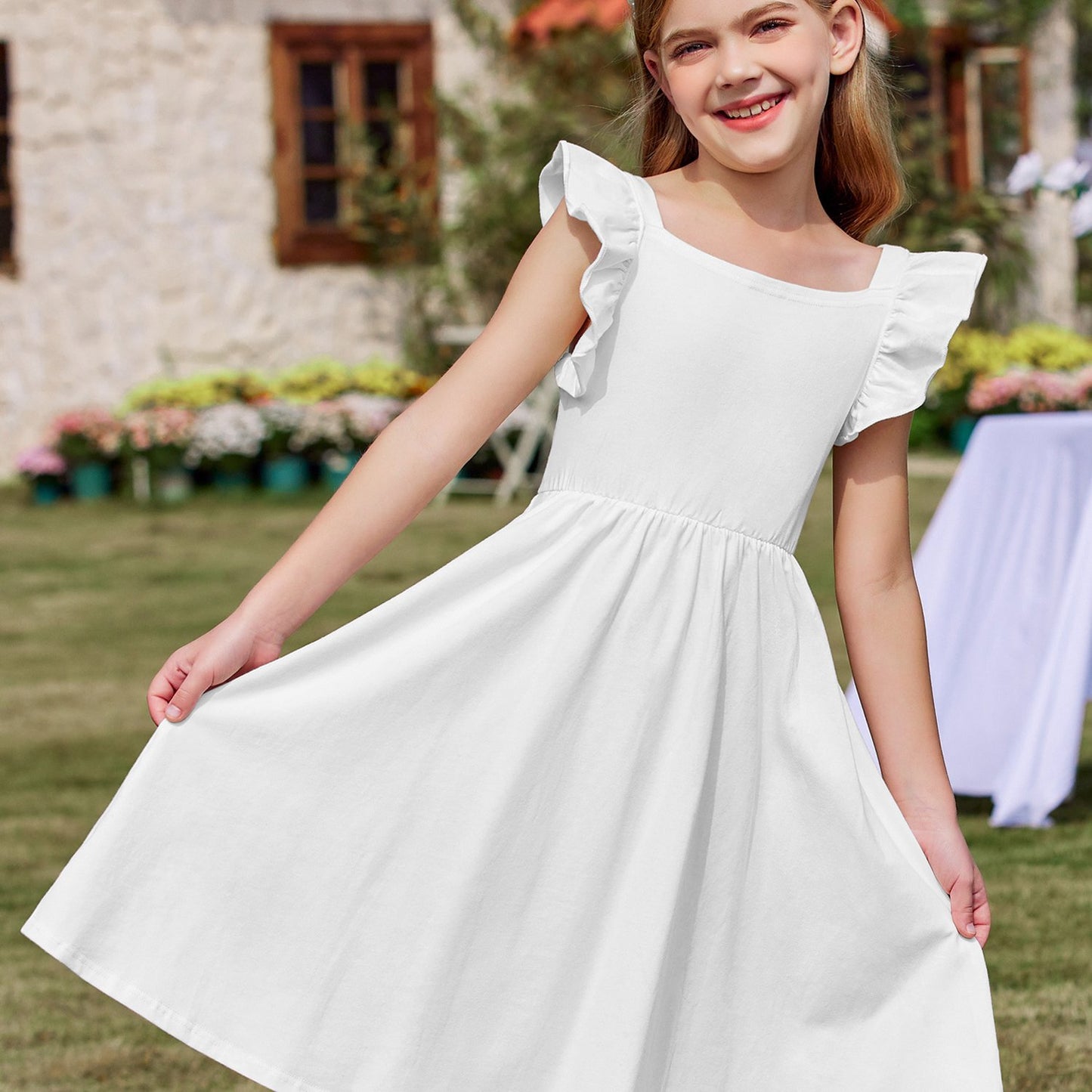 Girls Summer Midi Dress with Ruffle Sleeves and Pockets