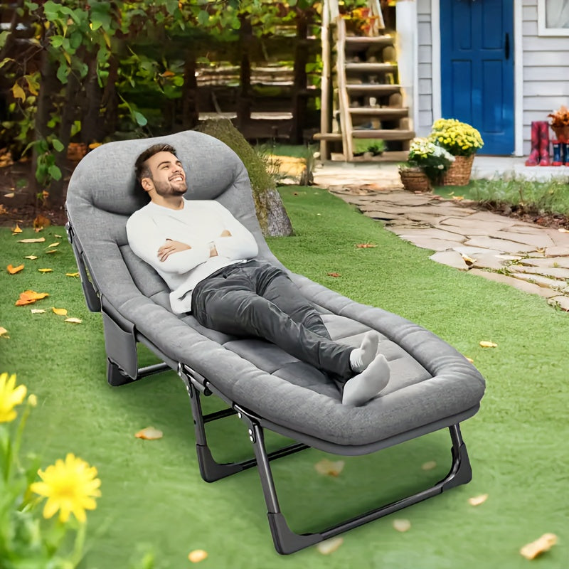 75-inch adjustable folding bed offers a portable and comfortable sleeping  outdoors.