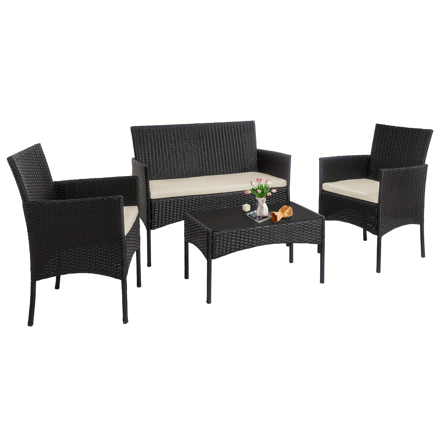 4pcs Outdoor Patio Furniture Sets, w/ Glass Coffee Table,