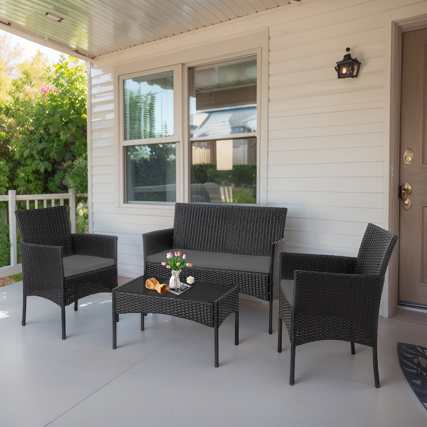 4pcs Outdoor Patio Furniture Sets, w/ Glass Coffee Table,