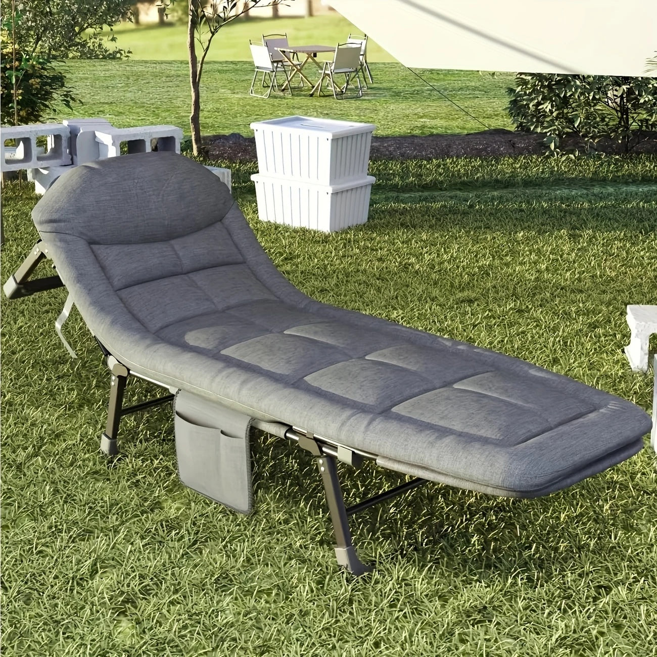 75-inch adjustable folding bed offers a portable and comfortable sleeping  outdoors.