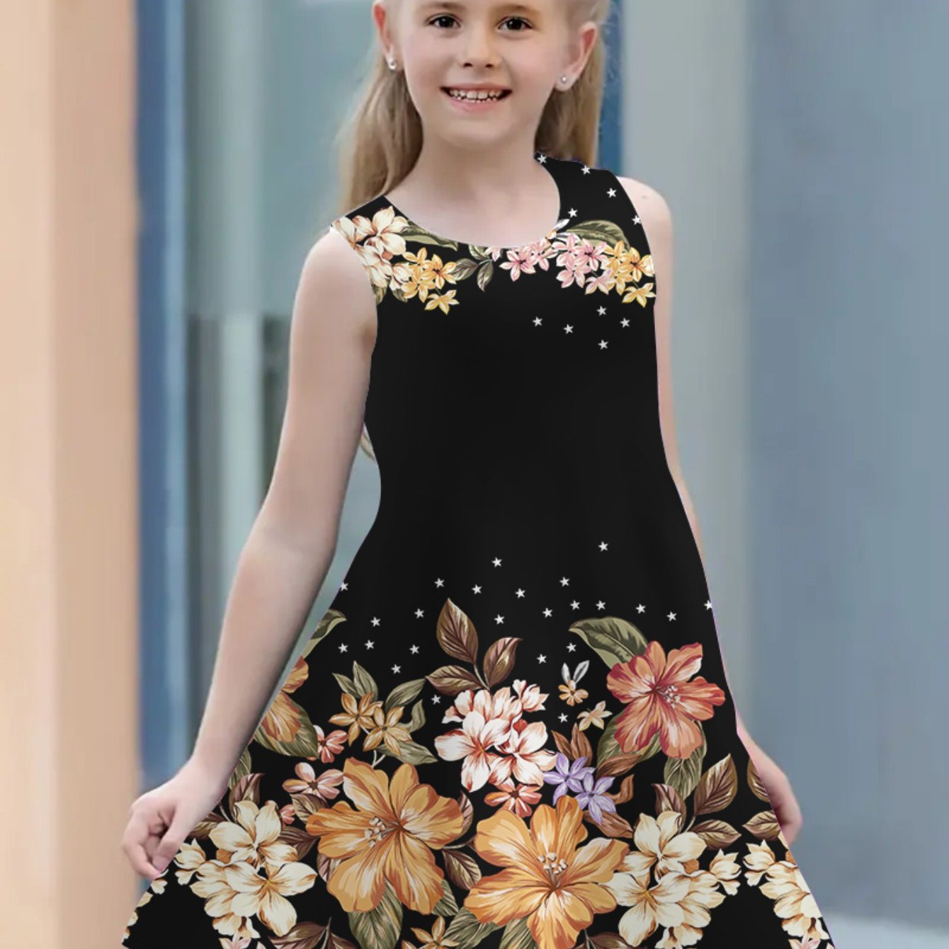 Dark Flowers Digital Print Girls Sleeveless Dress.