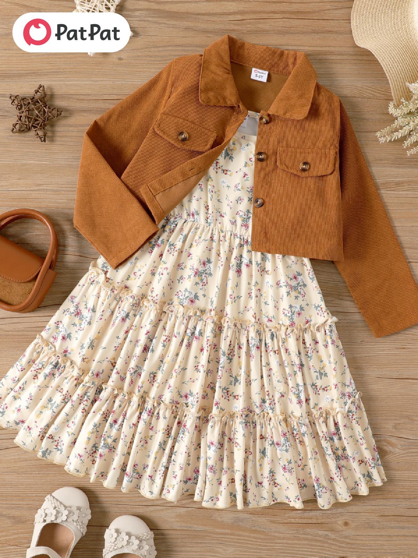 Girl's 2pcs Lapel Collar Jacket and Floral Ruffled Dress Set