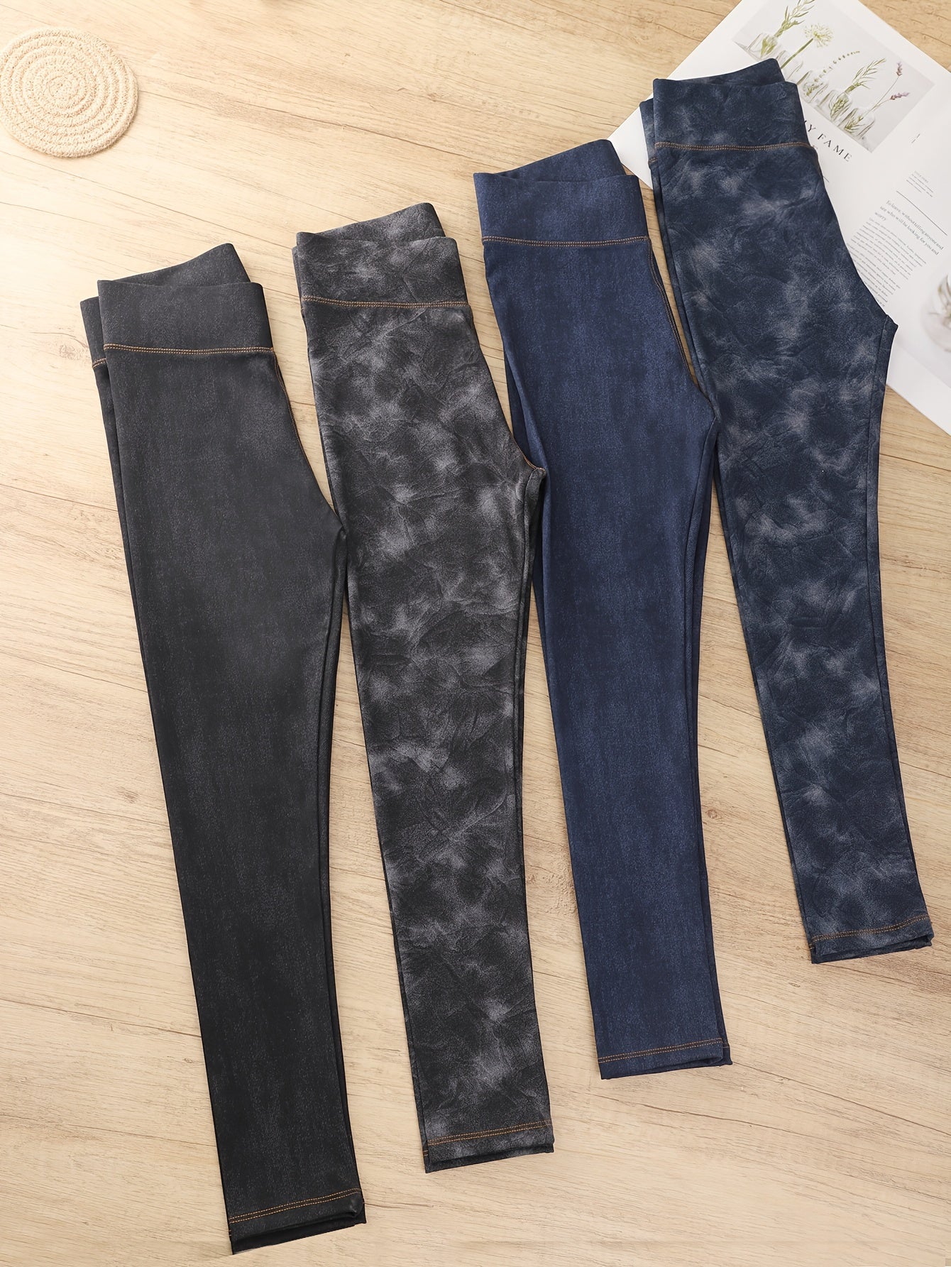 4pcs Girls Fashion Solid Color Snowflake Denim Print Leggings -  Girls Aged 5-14.