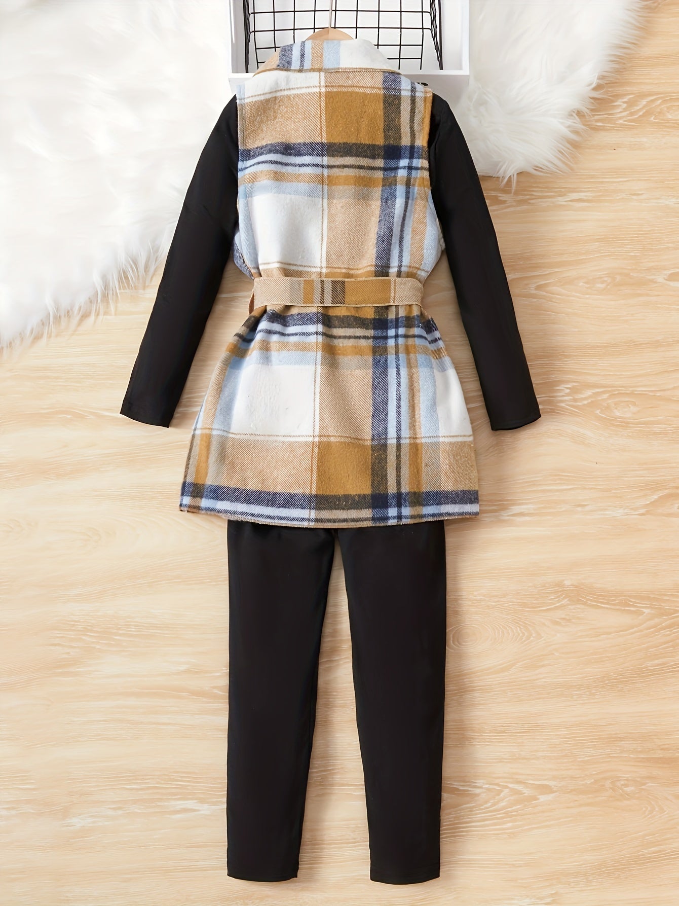 Girls spring and autumn plaid vest, three-piece suit