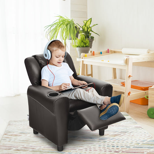 Kids Recliner Chair PU Leather Armrest Sofa w/Footrest Cup Holder Brown