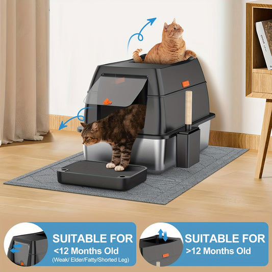 Extra-Large Stainless Steel Cat Litter Box with Lid - Dual Entry,