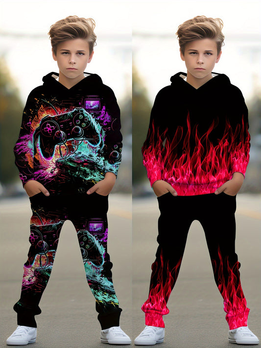 4-piece Set, Boys Printed Hoodie & Pant Pocket Set