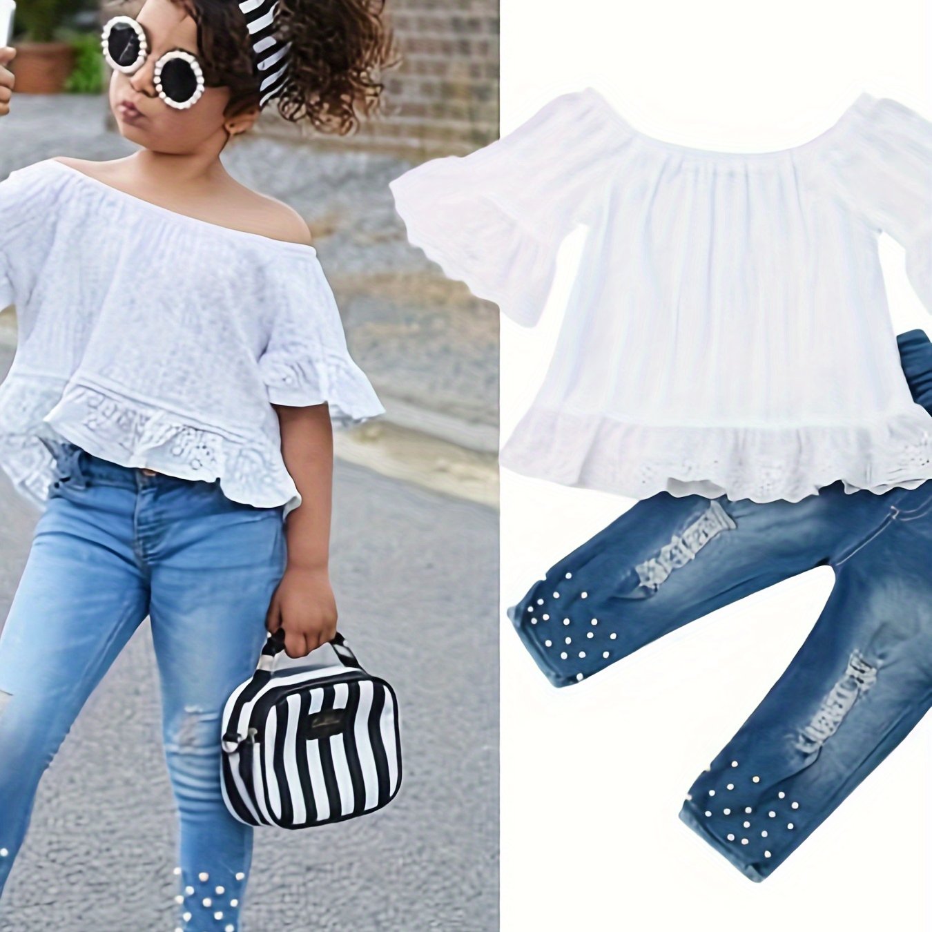 Girls Denim Outfits Off Shoulder Shirt + Pants Jeans