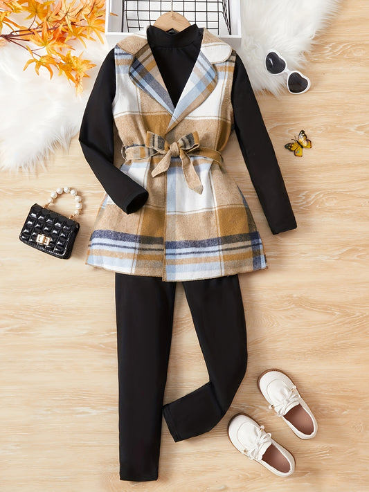 Girls spring and autumn plaid vest, three-piece suit