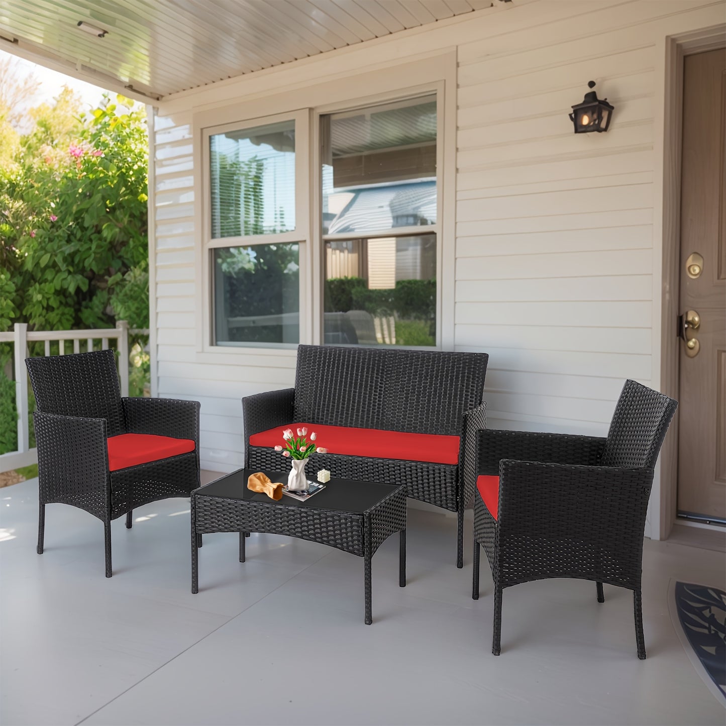 4pcs Outdoor Patio Furniture Sets, w/ Glass Coffee Table,