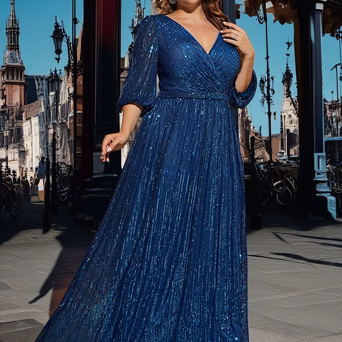 Plus Size Elegant Sequined V-Neck Long Dress, Read More